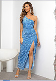 Solid Sequined Single Shoulder Sleeveless Slit Maxi Dress RS-DHM891