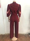 Loose Sleeve Mesh Fabric Patchwork Lace-up Wide-leg Women Jumpsuits OSM-AJ4490