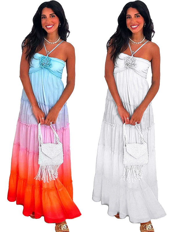 Embroidered Multi-layer Splicing Chest Flower Halter Maxi Dress XMOJ-8737