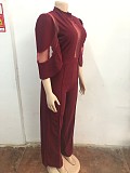 Loose Sleeve Mesh Fabric Patchwork Lace-up Wide-leg Women Jumpsuits OSM-AJ4490
