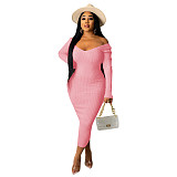 Big V-neck Off Shoulder Ribbed Slim Sexy Dress RS-Q21S951