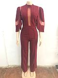 Loose Sleeve Mesh Fabric Patchwork Lace-up Wide-leg Women Jumpsuits OSM-AJ4490