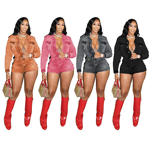2025 New Women Long Sleeves Strech Denim Romper MEM-88622