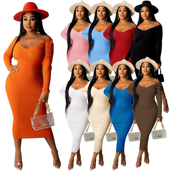 Big V-neck Off Shoulder Ribbed Slim Sexy Dress RS-Q21S951