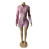 Women Long Sleeve Zipper Tops And Tight Shorts Sexy Two Pieces Sets MEM-88616