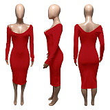 Big V-neck Off Shoulder Ribbed Slim Sexy Dress RS-Q21S951