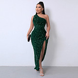 Solid Sequined Single Shoulder Sleeveless Slit Maxi Dress RS-DHM891
