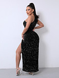 Solid Sequined Single Shoulder Sleeveless Slit Maxi Dress RS-DHM891