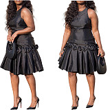 Tight Fitting Black Ear-trimmed Pleated Sleeveless Dress MK-C3215