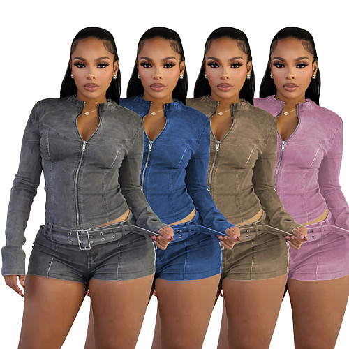 Women Long Sleeve Zipper Tops And Tight Shorts Sexy Two Pieces Sets MEM-88616