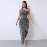 Solid Sequined Single Shoulder Sleeveless Slit Maxi Dress RS-DHM891