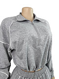 Rubber Fastened Waist Cinching Semi-open Sweatshirt Straight Leg Sport Pants Set CH-25051