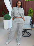 Rubber Fastened Waist Cinching Semi-open Sweatshirt Straight Leg Sport Pants Set CH-25051