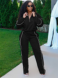 Rubber Fastened Waist Cinching Semi-open Sweatshirt Straight Leg Sport Pants Set CH-25051