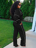 Rubber Fastened Waist Cinching Semi-open Sweatshirt Straight Leg Sport Pants Set CH-25051