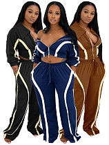 Striped Zipper Lapel Top Wide-leg Trousers Two Pieces Set CH-25039