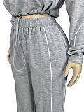Rubber Fastened Waist Cinching Semi-open Sweatshirt Straight Leg Sport Pants Set CH-25051