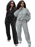 Rubber Fastened Waist Cinching Semi-open Sweatshirt Straight Leg Sport Pants Set CH-25051