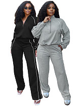 Rubber Fastened Waist Cinching Semi-open Sweatshirt Straight Leg Sport Pants Set CH-25051