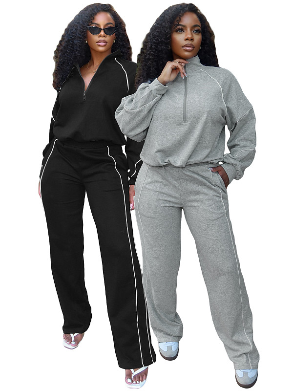 Rubber Fastened Waist Cinching Semi-open Sweatshirt Straight Leg Sport Pants Set CH-25051