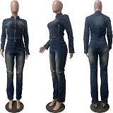 Knee Ripped Elastic Casual Slim Denim Set CM-9528