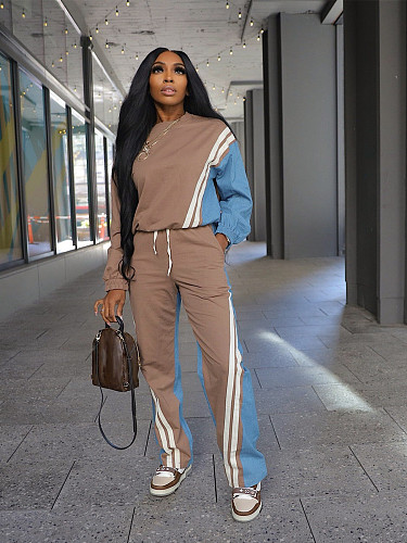 Striped Long Sleeved Sweatshirt Drawstring Trousers Two Pieces Set Women SFY-778