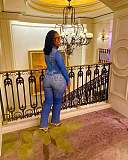 Waist Cinch Denim Long Sleeve Women Jumpsuit XMOJ-8598