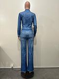 Waist Cinch Denim Long Sleeve Women Jumpsuit XMOJ-8598