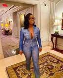 Waist Cinch Denim Long Sleeve Women Jumpsuit XMOJ-8598