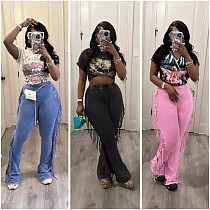 Fringed Flared Long Casual Pants Solid Washed Cotton Trousers For Women RS-42048