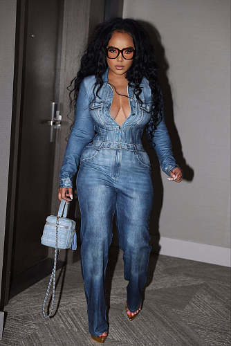 Waist Cinch Denim Long Sleeve Women Jumpsuit XMOJ-8598