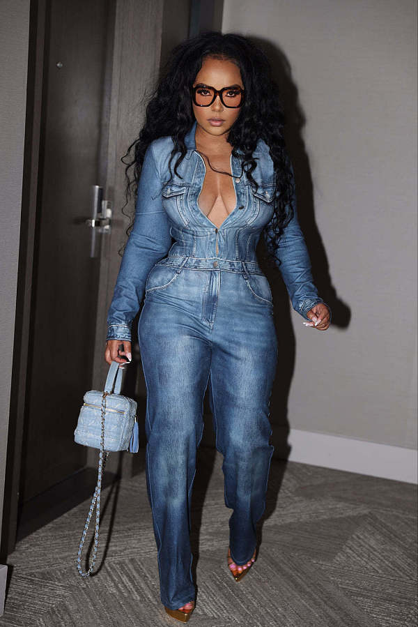Waist Cinch Denim Long Sleeve Women Jumpsuit XMOJ-8598
