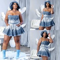 Sexy Strapless Pockets Pleated Shorts Large Size Denim Sets YUN-5071