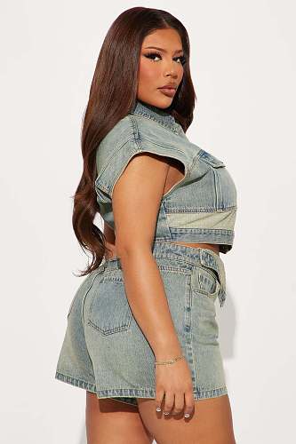 Casual Denim Crop Jacket Lapel Two-piece Women's clothing Set YUNM-53085