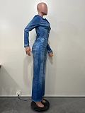 Waist Cinch Denim Long Sleeve Women Jumpsuit XMOJ-8598