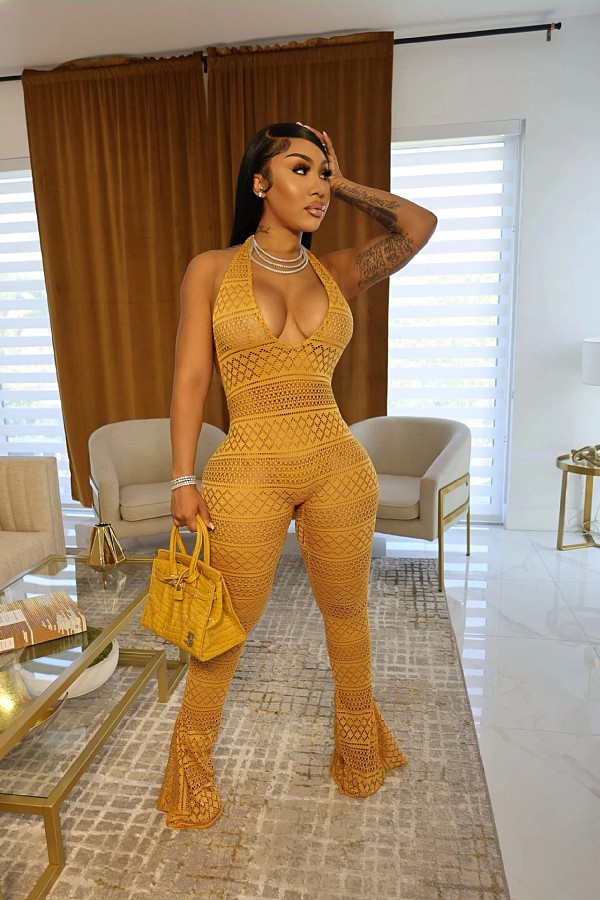 Solid Lace Cut-out Tight Sexy Casual Jumpsuit For Women RS-42338