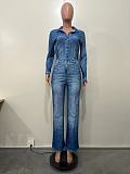 Waist Cinch Denim Long Sleeve Women Jumpsuit XMOJ-8598