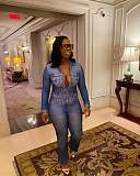 Waist Cinch Denim Long Sleeve Women Jumpsuit XMOJ-8598