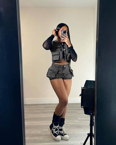 Casual Women Multi-pockets Vest Stretch Denim Shorts Suit YUN-51065