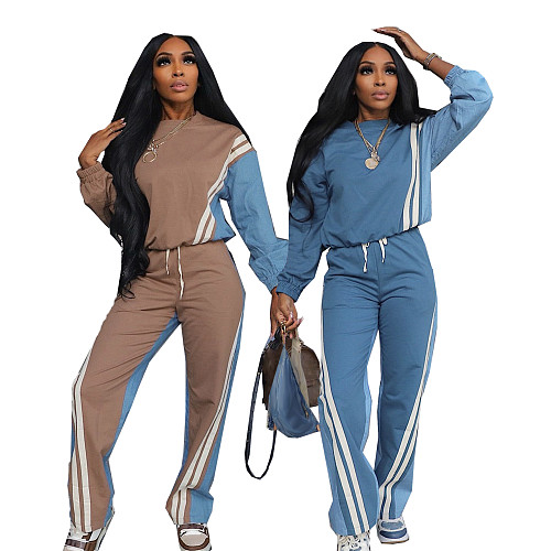 Striped Long Sleeved Sweatshirt Drawstring Trousers Two Pieces Set Women SFY-778