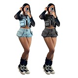 Casual Women Multi-pockets Vest Stretch Denim Shorts Suit YUN-51065
