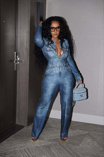 Waist Cinch Denim Long Sleeve Women Jumpsuit XMOJ-8598