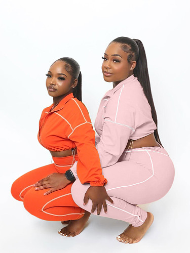 Spring Autumn Solid Long Sleeved Zipper Women's Slimming Two-piece Set SH-391388