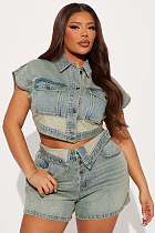 Casual Denim Crop Jacket Lapel Two-piece Women's clothing Set YUNM-53085