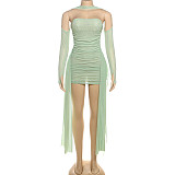 Halter Finger Sleeve Pleated Strapless Ribbon Hip Wrap Mini Dress Set With Scarf DLS-K25S74947
