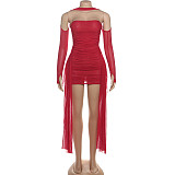 Halter Finger Sleeve Pleated Strapless Ribbon Hip Wrap Mini Dress Set With Scarf DLS-K25S74947