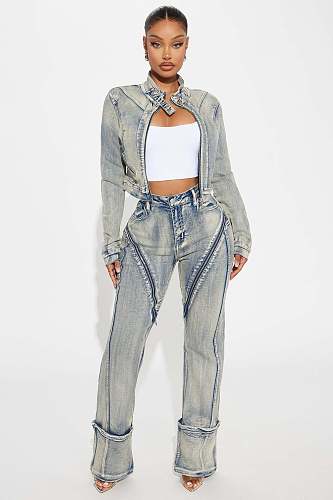 2025 High-elasticity Washable Zipper Denim Jacket Set YUNM-52065