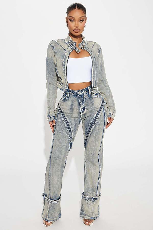 2025 High-elasticity Washable Zipper Denim Jacket Set YUNM-52065