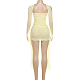 Halter Finger Sleeve Pleated Strapless Ribbon Hip Wrap Mini Dress Set With Scarf DLS-K25S74947