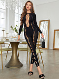 Hollowed-out Transparent Round Neck Long Sleeved Women Jumpsuit RS-81825